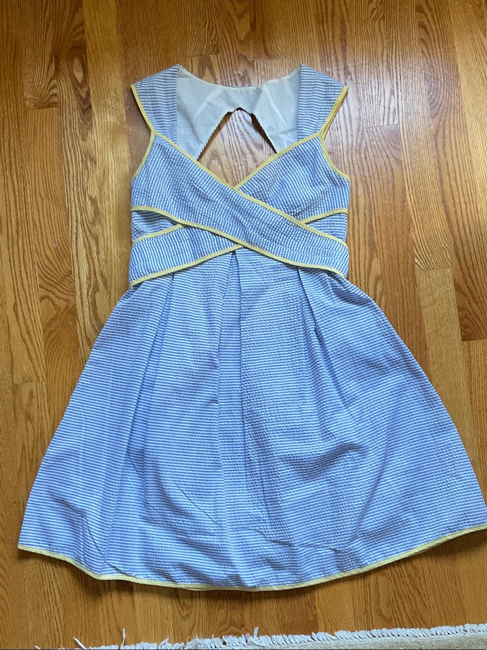 Classic Seersucker Fit-and-Flare Summer Dress with back Bow detail